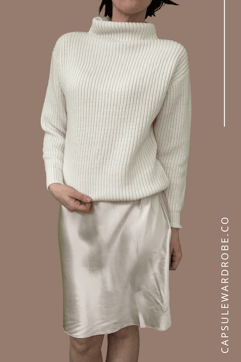 cute capsule wardrobe look beige silk skirt with knit sweater